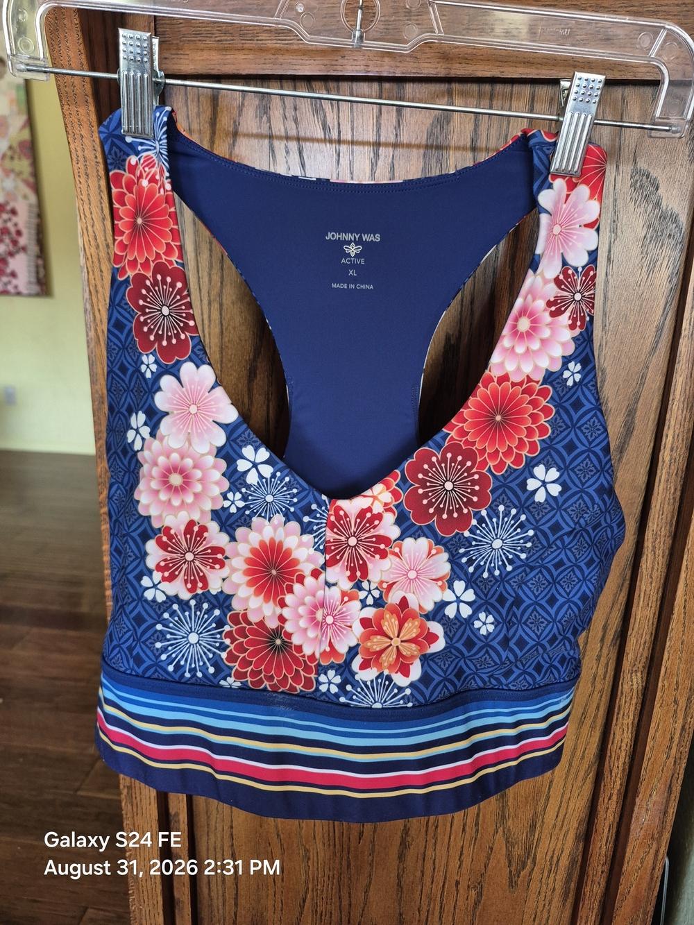 Johnny Was Navy Floral Racerback Bra with Red & Pink Accents